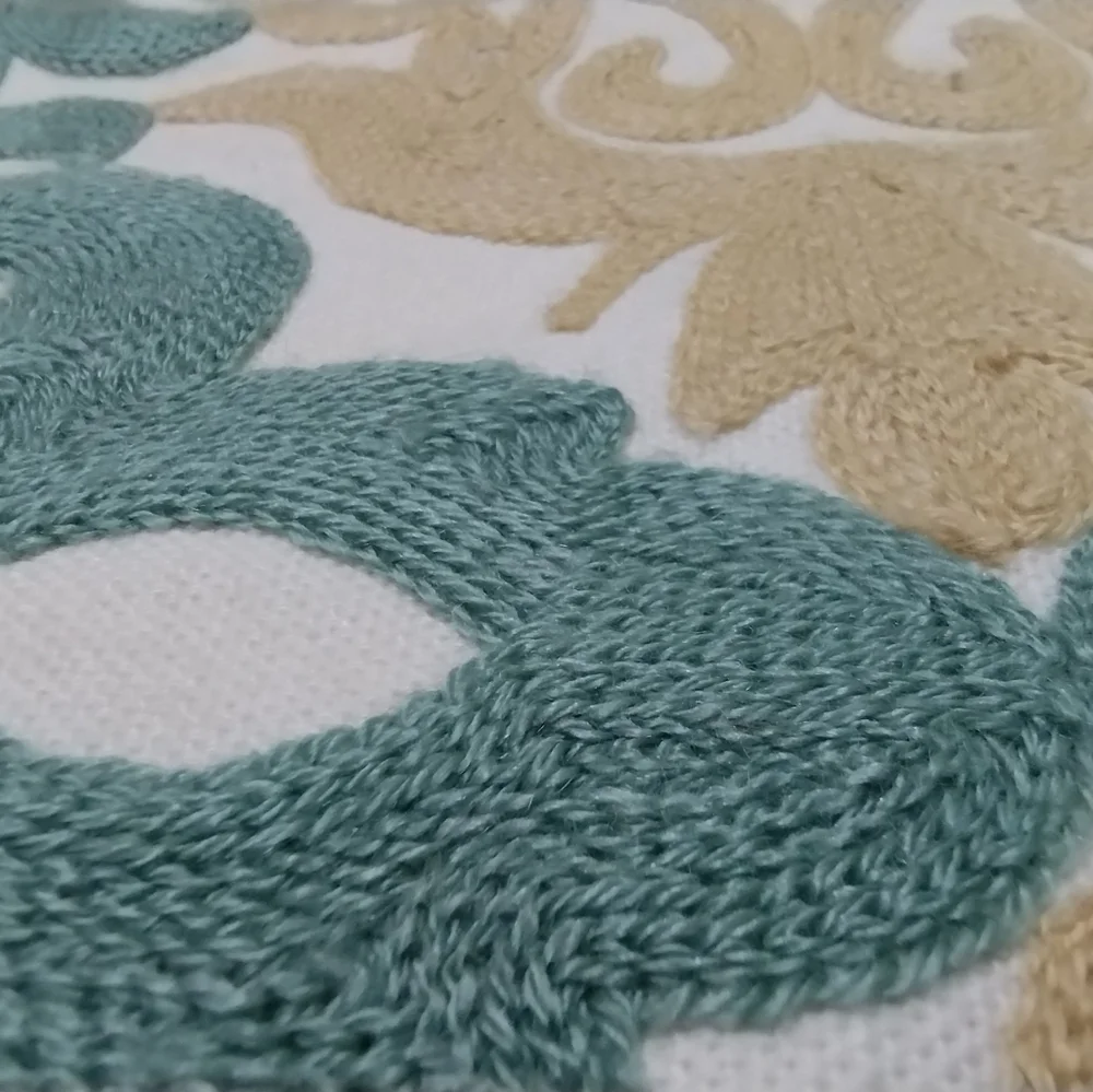 Stitched Teal and Gold on Woven Cream Cotton Fabric Throw Pillow Cover  (18 in)